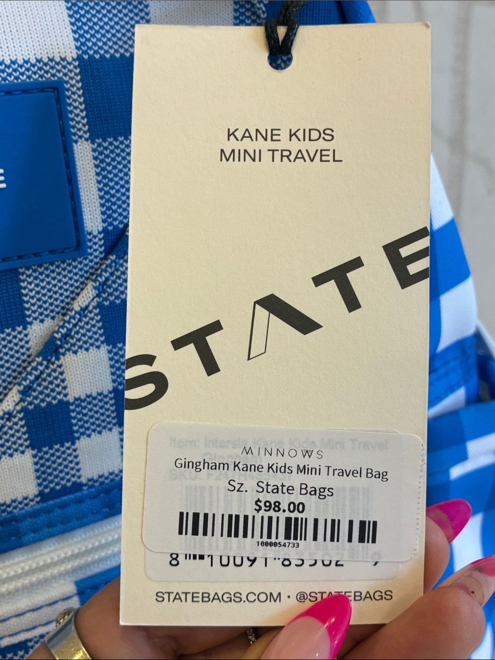 STATE Blue & White Gingham Mini Backpack with Cherry Charm - Picture 6 of 11